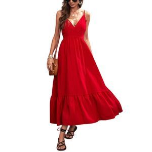 Della Mel Red V-Neck Ruffle Hem Maxi Dress Women Size M